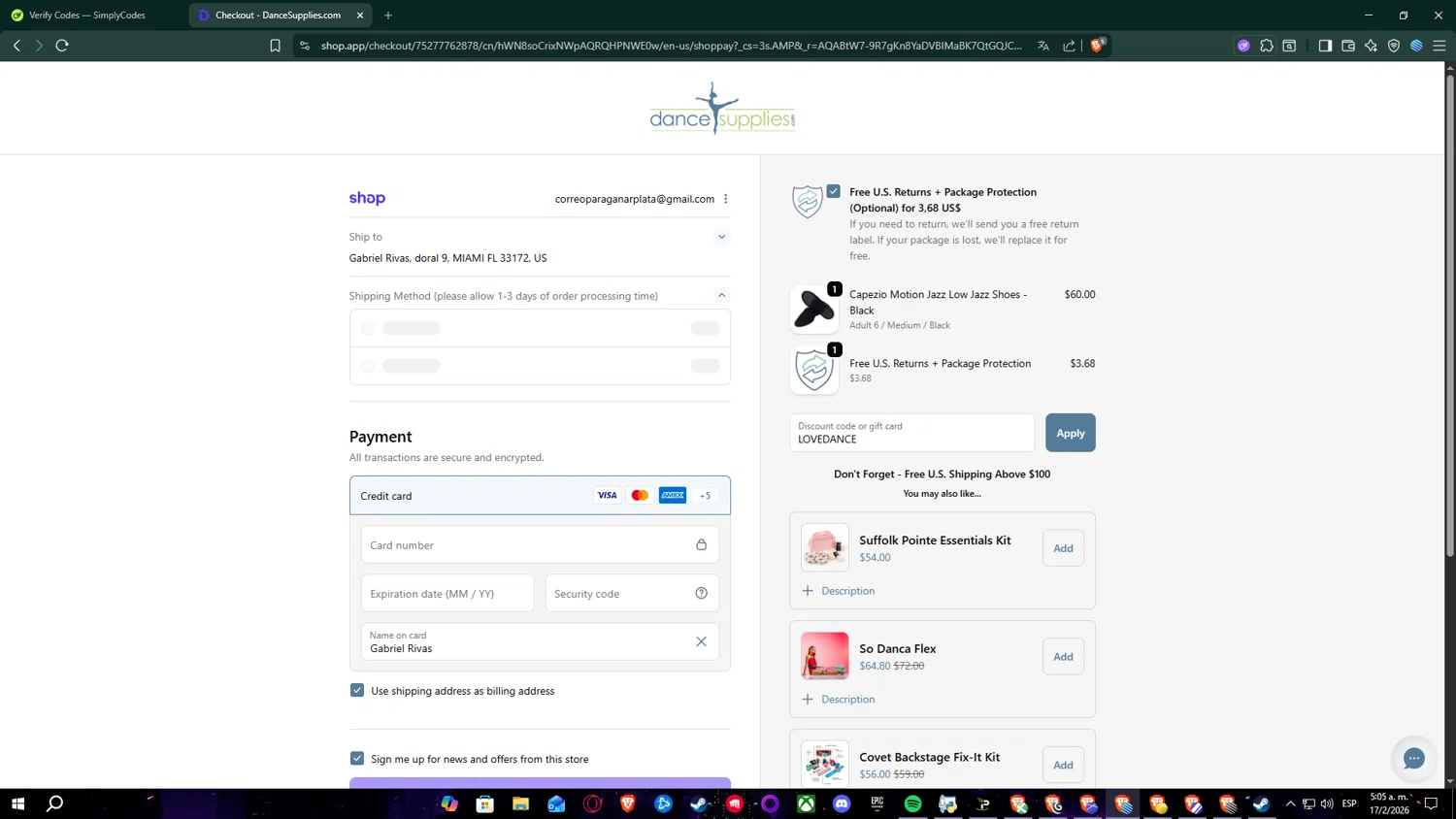 DanceSupplies checkout page showing DanceSupplies promo code box | Screenshot taken by SimplyCodes community member on Feb 17, 2026
