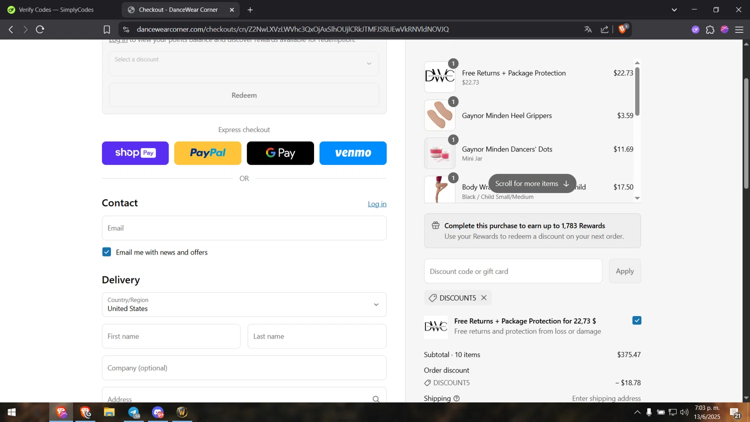 Dancewear Corner promo code screenshot showing code discount5 applied at Dancewear Corner checkout page. Uploaded by SimplyCodes community member Henyo36 on Jun 13, 2025