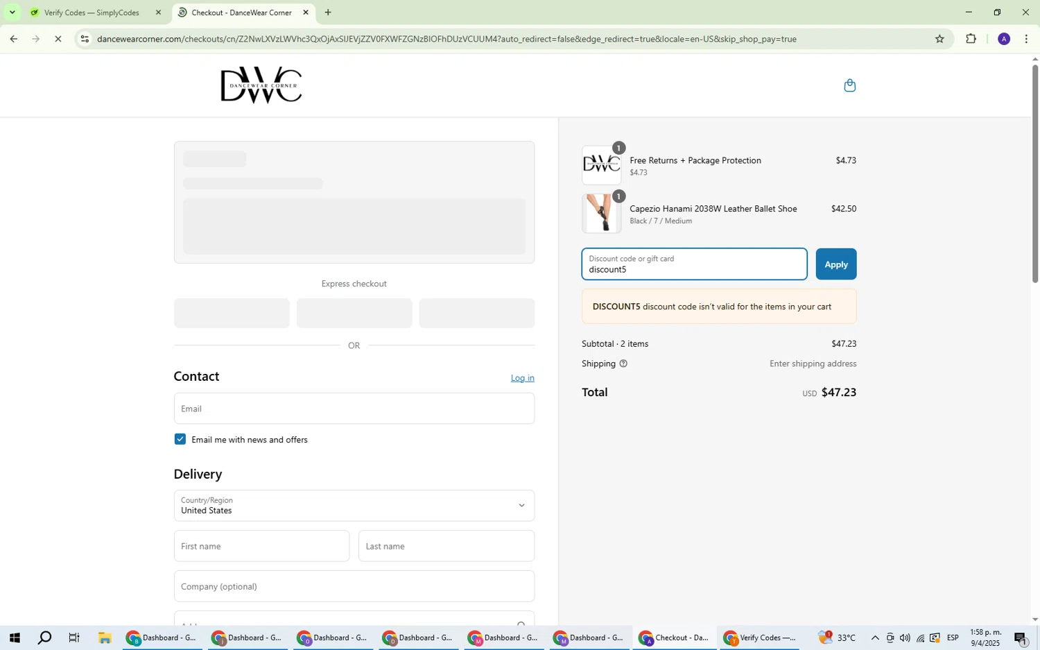 Dancewear Corner promo code screenshot showing code discount5 applied at Dancewear Corner checkout page. Uploaded by SimplyCodes community member ThriftySentinel2853 on Apr 9, 2025