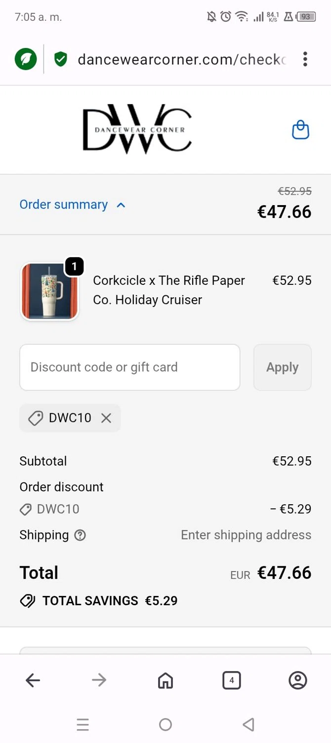 Dancewear Corner promo code screenshot showing code DWC10 applied at Dancewear Corner checkout page. Uploaded by SimplyCodes community member Diosprovee on Dec 18, 2025