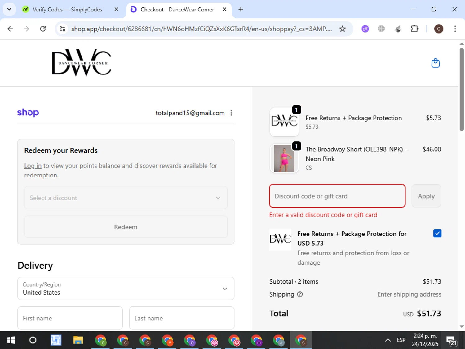 Dancewear Corner promo code screenshot showing code OHLALA25 applied at Dancewear Corner checkout page. Uploaded by SimplyCodes community member VictorL on Dec 24, 2025