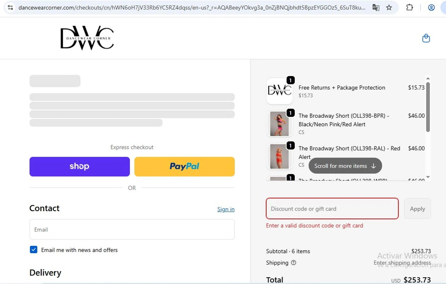 Dancewear Corner promo code screenshot showing code OHLALA25 applied at Dancewear Corner checkout page. Uploaded by SimplyCodes community member ramonlopez1 on Dec 24, 2025