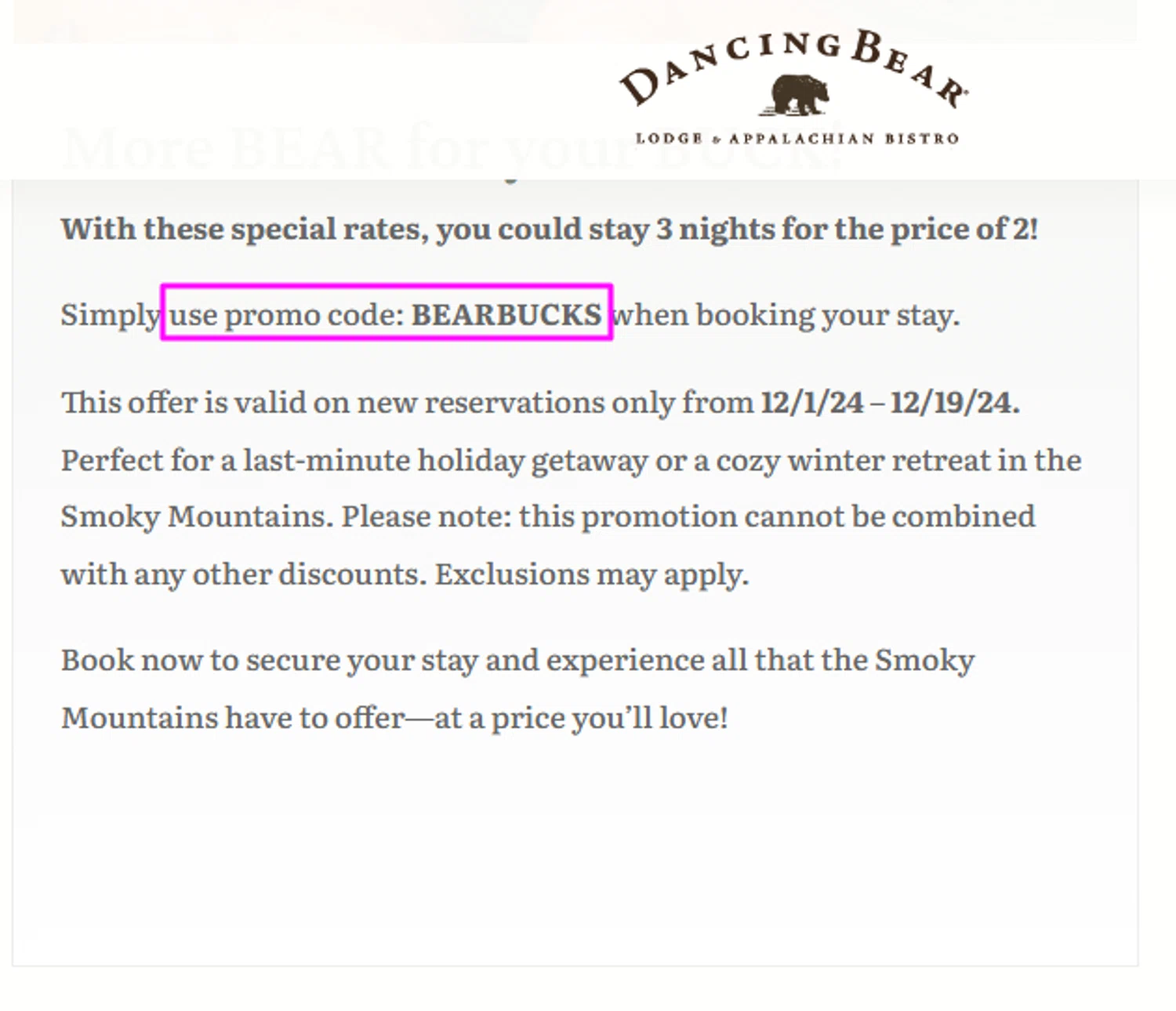 Dancing Bear Lodge promo code screenshot showing code BEARBUCKS applied at Dancing Bear Lodge checkout page. Uploaded by SimplyCodes community member pabloprieto on Dec 2, 2024