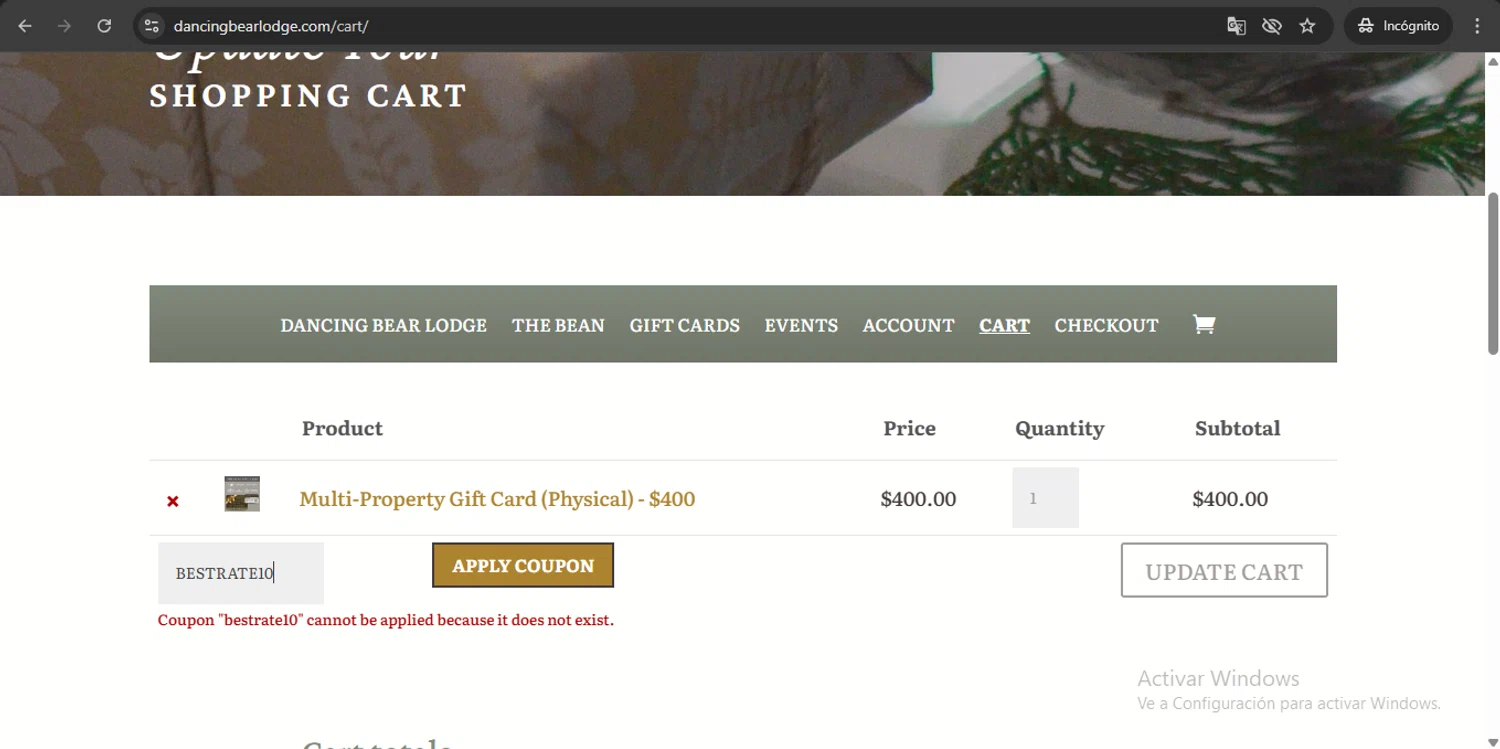 Dancing Bear Lodge promo code screenshot showing code BESTRATE10 applied at Dancing Bear Lodge checkout page. Uploaded by SimplyCodes community member UchihaMadara on Aug 24, 2025