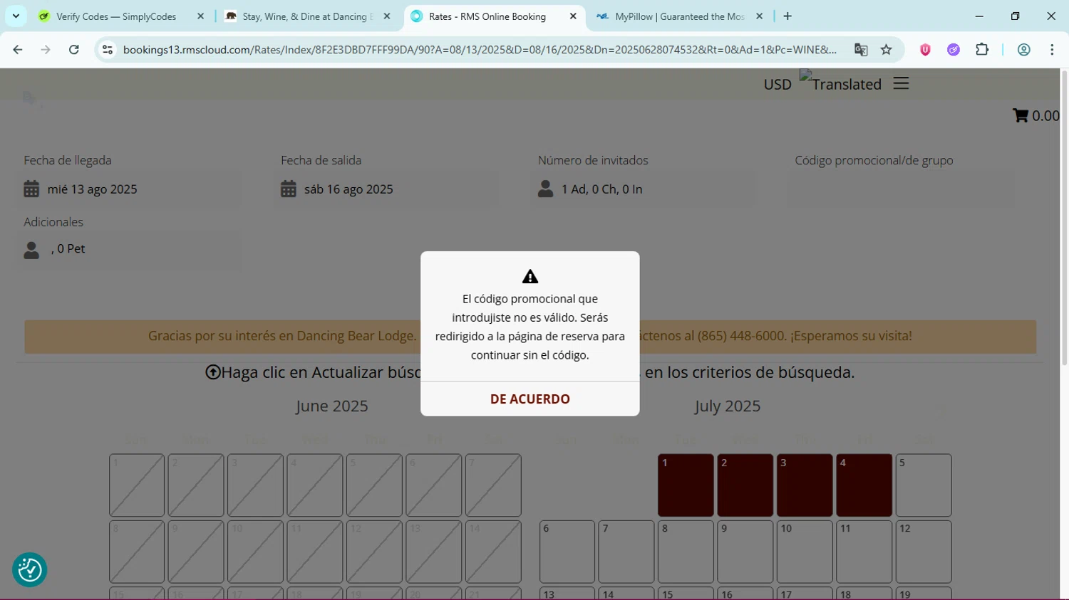 Dancing Bear Lodge promo code screenshot showing code WINE applied at Dancing Bear Lodge checkout page. Uploaded by SimplyCodes community member Simpsince95 on Jun 28, 2025