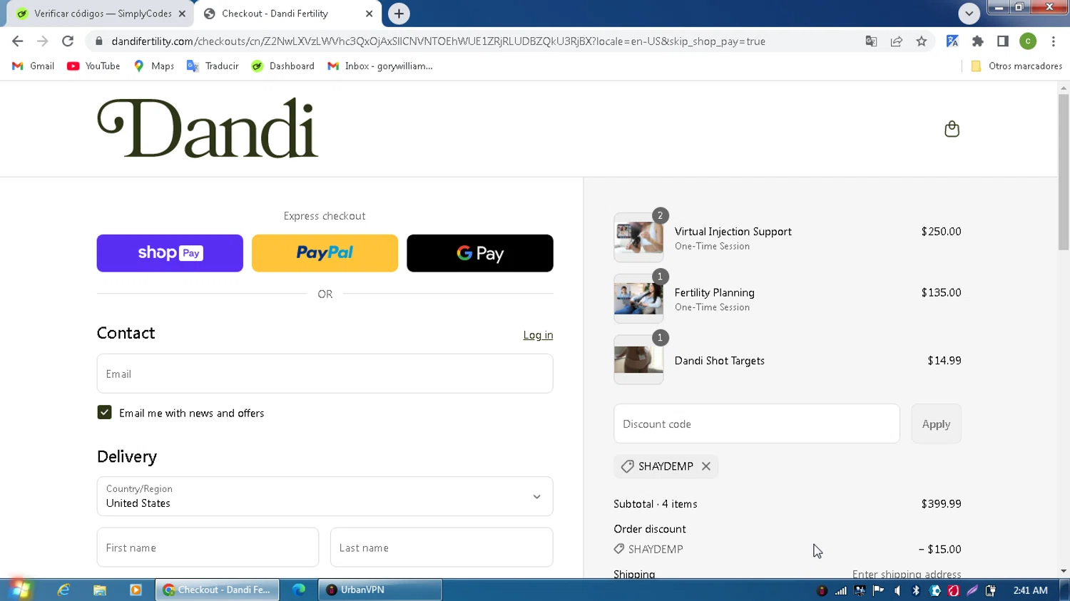 Dandi Fertility promo code screenshot showing code SHAYDEMP applied at Dandi Fertility checkout page. Uploaded by SimplyCodes community member MagnificentPilot8371 on Jun 22, 2025
