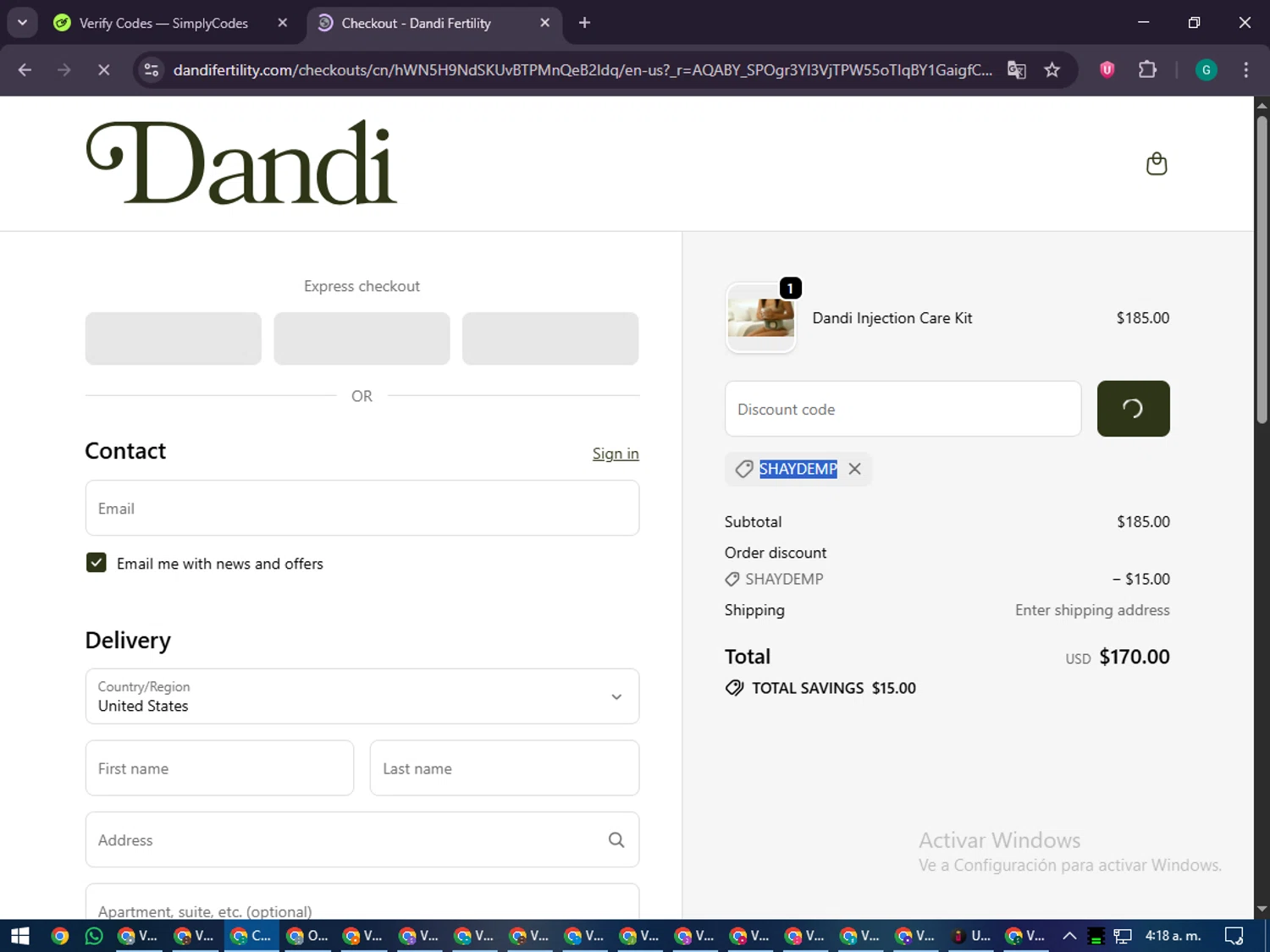 Dandi Fertility promo code screenshot showing code SHAYDEMP applied at Dandi Fertility checkout page. Uploaded by SimplyCodes community member PennyFinder5759 on Nov 14, 2025