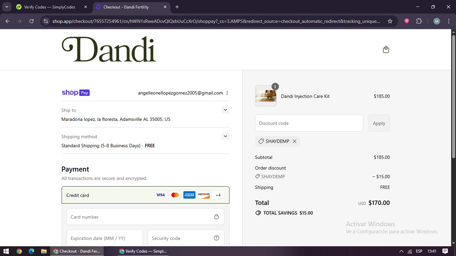 Dandi Fertility promo code screenshot showing code SHAYDEMP applied at Dandi Fertility checkout page. Uploaded by SimplyCodes community member maraxo on Aug 16, 2025
