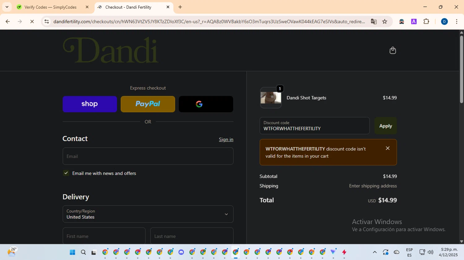 Dandi Fertility promo code screenshot showing code WTFORWHATTHEFERTILITY applied at Dandi Fertility checkout page. Uploaded by SimplyCodes community member DealVoyager8768 on Dec 4, 2025