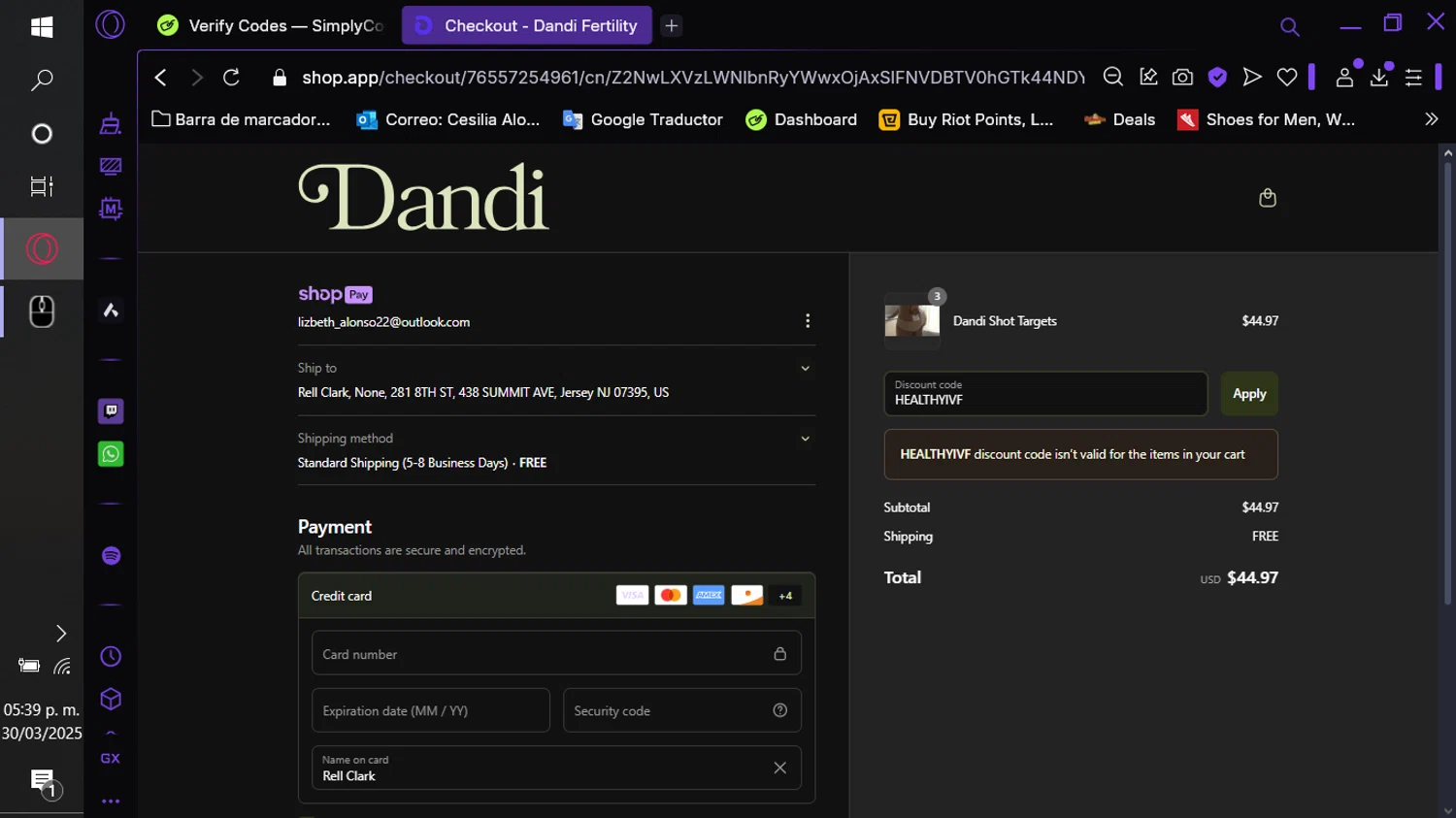 Dandi Fertility promo code screenshot showing code HEALTHYIVF applied at Dandi Fertility checkout page. Uploaded by SimplyCodes community member Depresiva on Mar 31, 2025