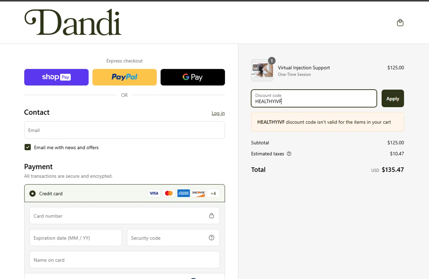 Dandi Fertility promo code screenshot showing code HEALTHYIVF applied at Dandi Fertility checkout page. Uploaded by SimplyCodes community member CashTracker4266 on Mar 30, 2025