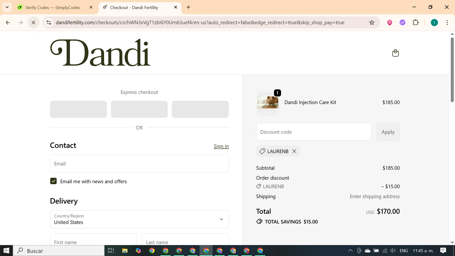 Dandi Fertility promo code screenshot showing code LAURENB applied at Dandi Fertility checkout page. Uploaded by SimplyCodes community member ExtraordinaryKnight690 on Oct 10, 2025