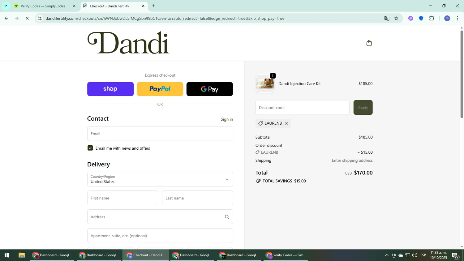 Dandi Fertility promo code screenshot showing code LAURENB applied at Dandi Fertility checkout page. Uploaded by SimplyCodes community member QuestDefender2661 on Oct 10, 2025