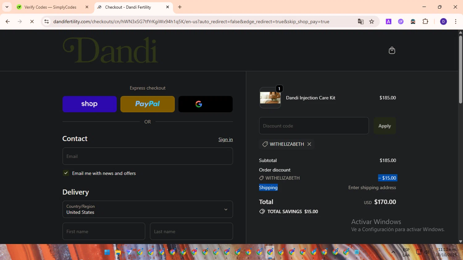 Dandi Fertility promo code screenshot showing code WITHELIZABETH applied at Dandi Fertility checkout page. Uploaded by SimplyCodes community member PromoLion4240 on Oct 10, 2025