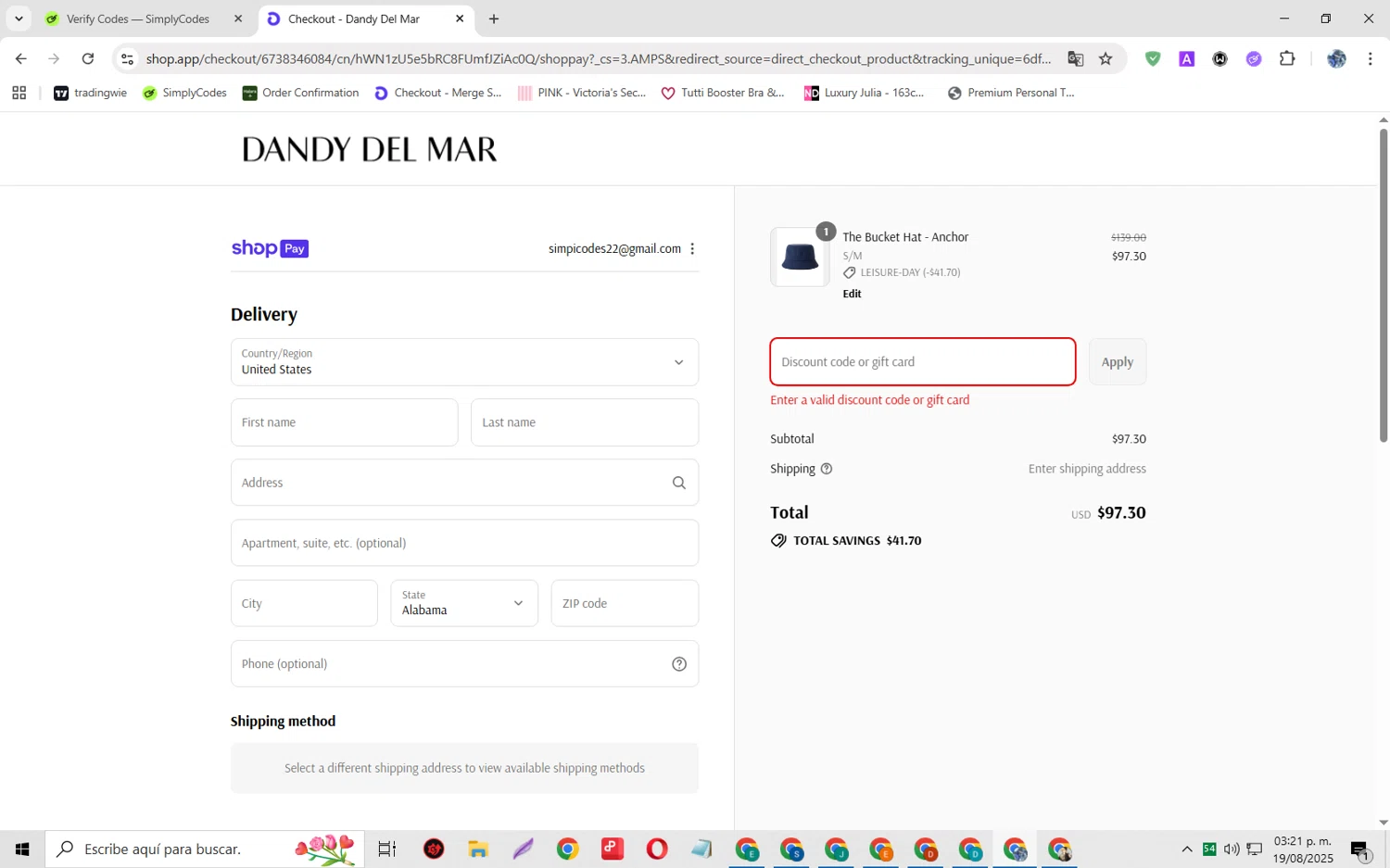 Dandy Del Mar discount code screenshot showing code LEISURE15 applied at Dandy Del Mar checkout page. Uploaded by SimplyCodes community member JoseH45 on Aug 19, 2025