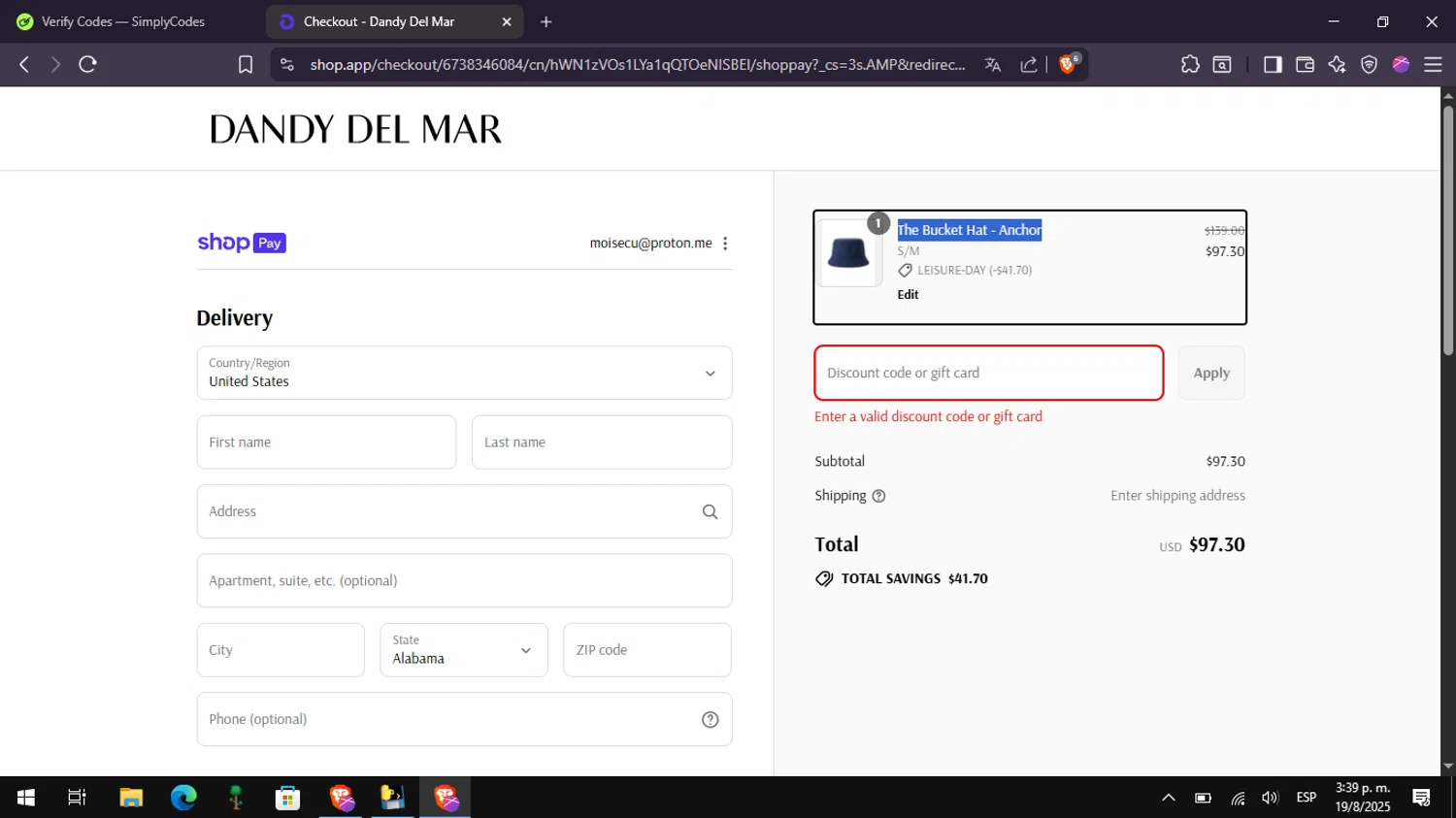 Dandy Del Mar discount code screenshot showing code LEISURE15 applied at Dandy Del Mar checkout page. Uploaded by SimplyCodes community member Mangoverde on Aug 19, 2025