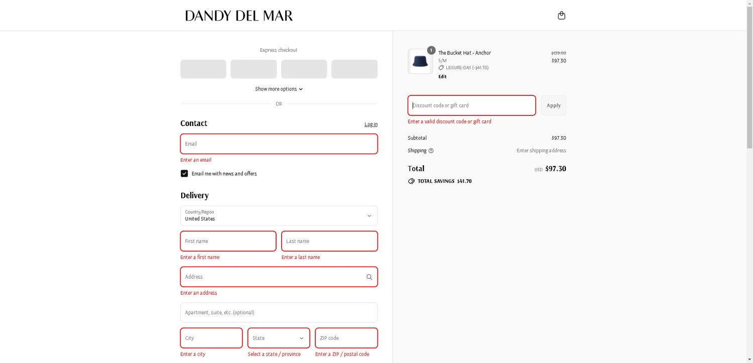 Dandy Del Mar discount code screenshot showing code LEISURE15 applied at Dandy Del Mar checkout page. Uploaded by SimplyCodes community member SwiftLynx7415 on Aug 19, 2025