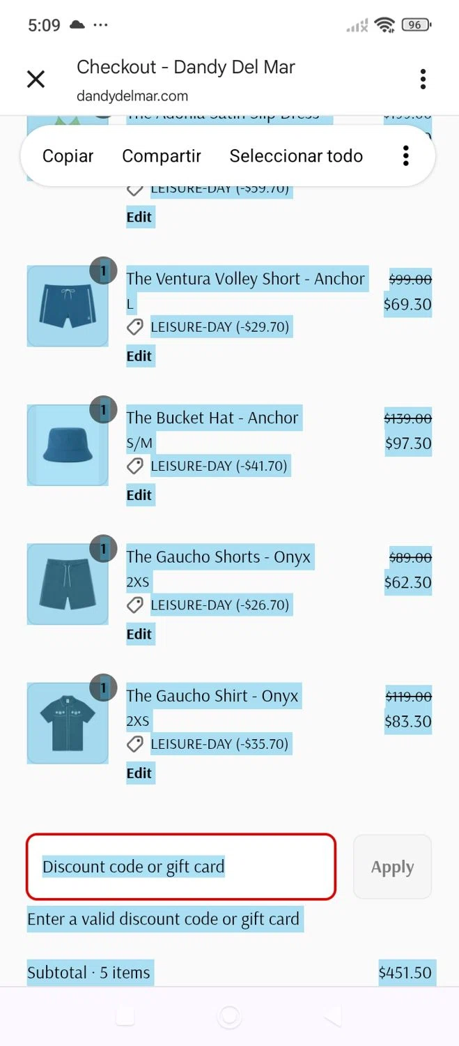 Dandy Del Mar discount code screenshot showing code LEISURE20 applied at Dandy Del Mar checkout page. Uploaded by SimplyCodes community member GloriousPro8890 on Aug 19, 2025