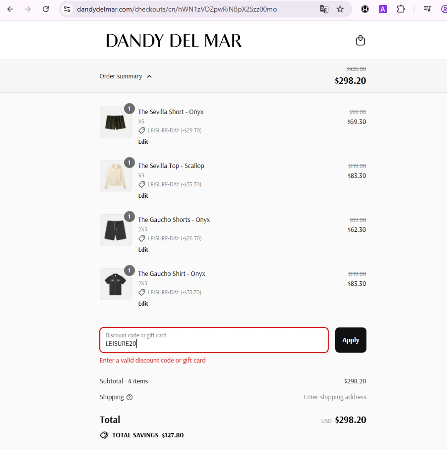 Dandy Del Mar discount code screenshot showing code LEISURE20 applied at Dandy Del Mar checkout page. Uploaded by SimplyCodes community member ivanguere on Aug 19, 2025