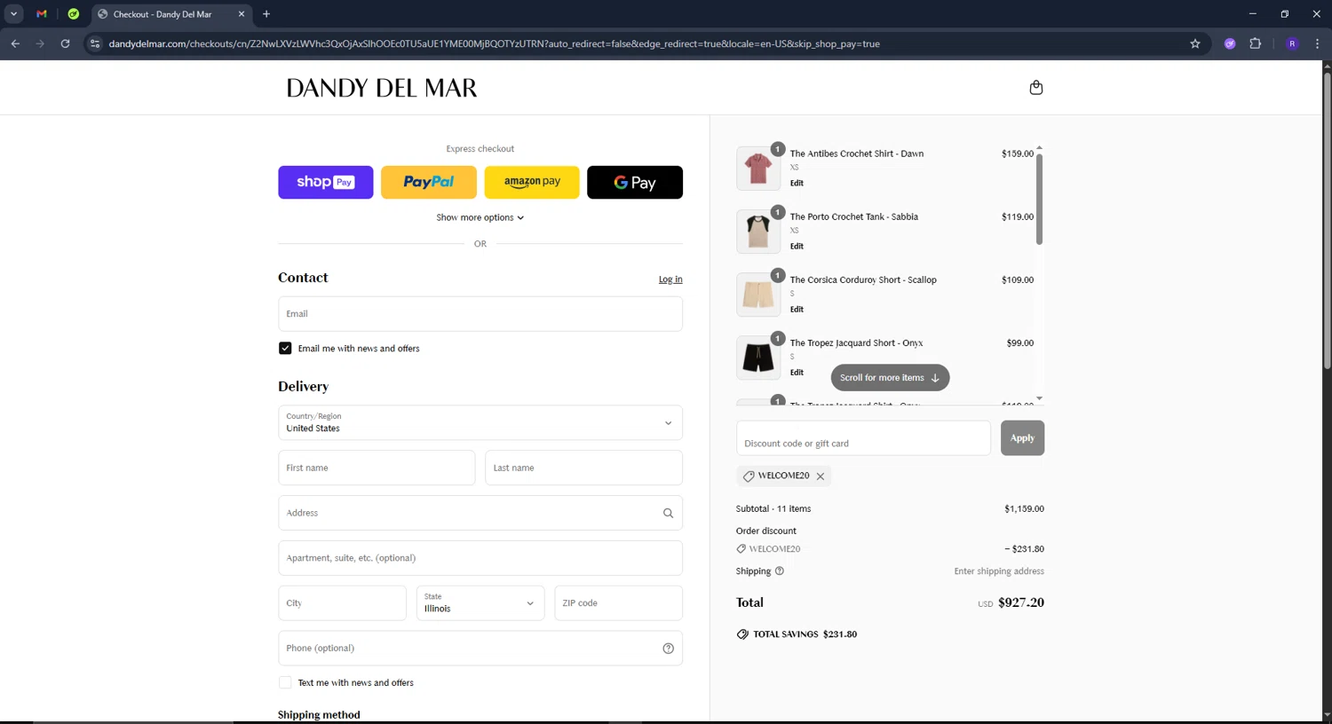 Dandy Del Mar discount code screenshot showing code welcome20 applied at Dandy Del Mar checkout page. Uploaded by SimplyCodes community member CashCollector4199 on Jun 20, 2025