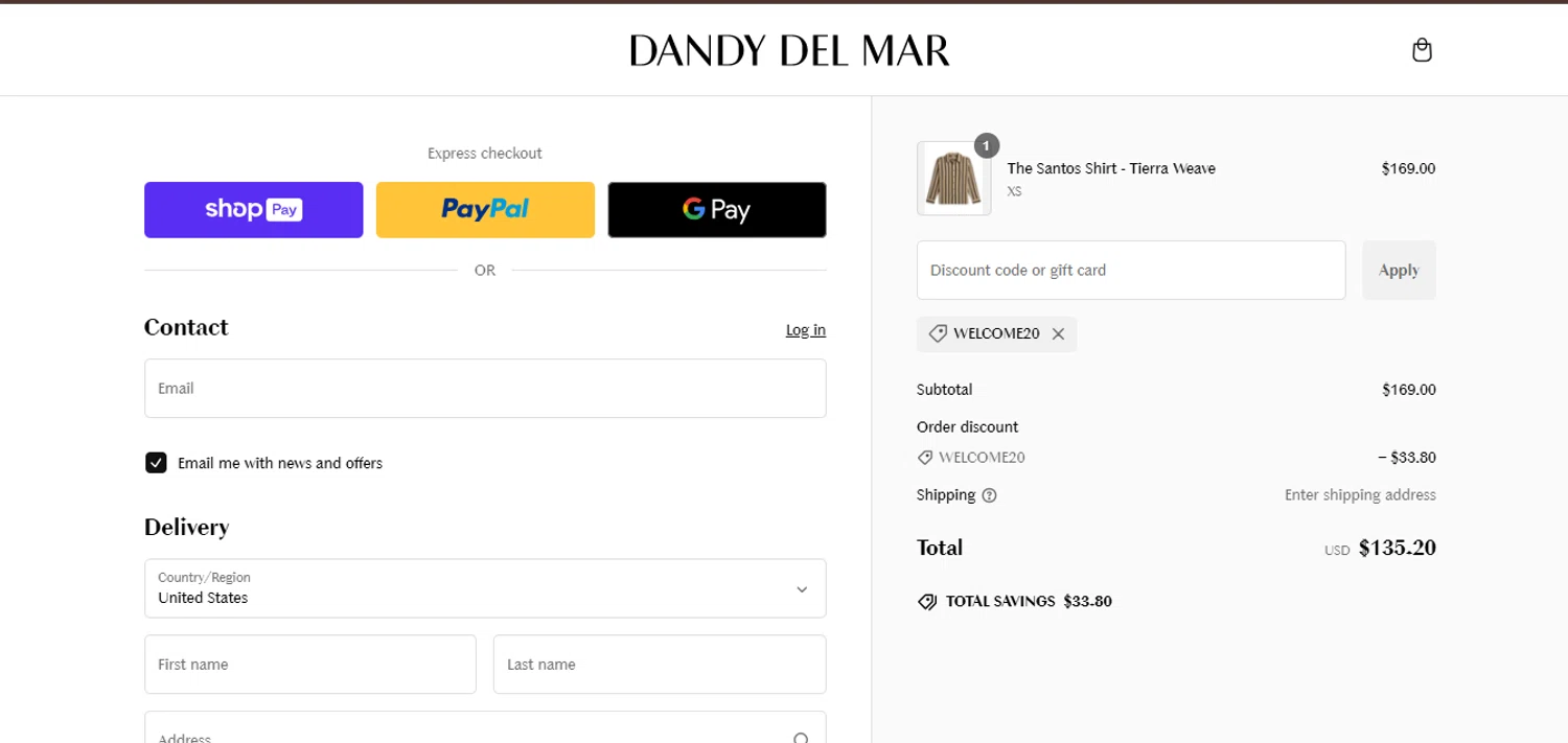 Dandy Del Mar discount code screenshot showing code welcome20 applied at Dandy Del Mar checkout page. Uploaded by SimplyCodes community member Ronita_832988044 on Jan 19, 2025