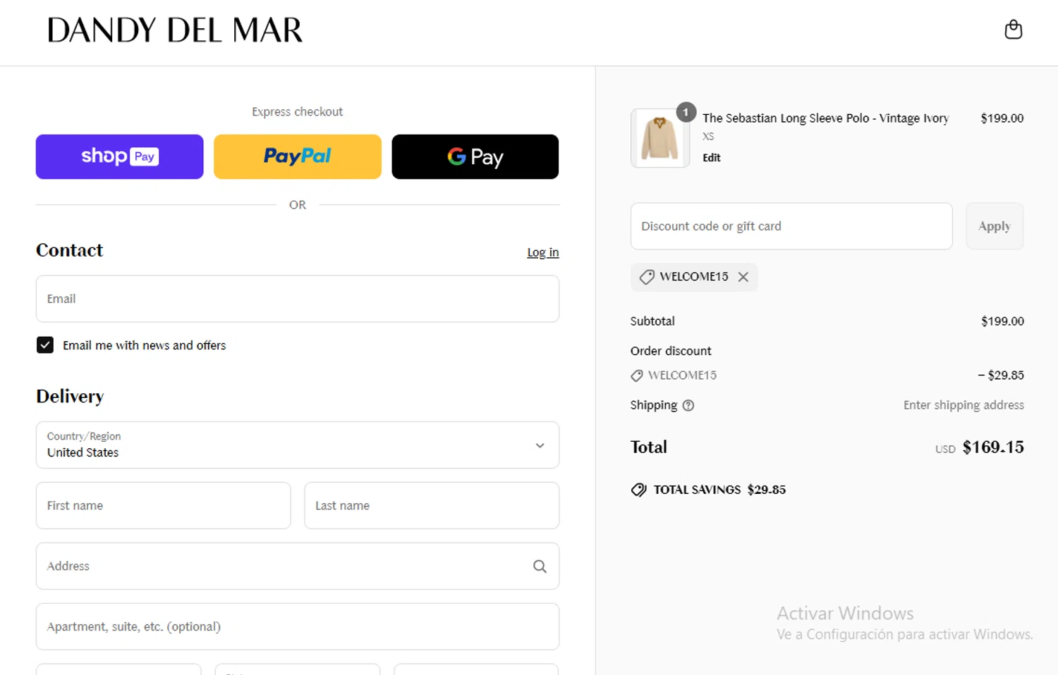 Dandy Del Mar discount code screenshot showing code WELCOME15 applied at Dandy Del Mar checkout page. Uploaded by SimplyCodes community member Lestara_23 on May 9, 2025