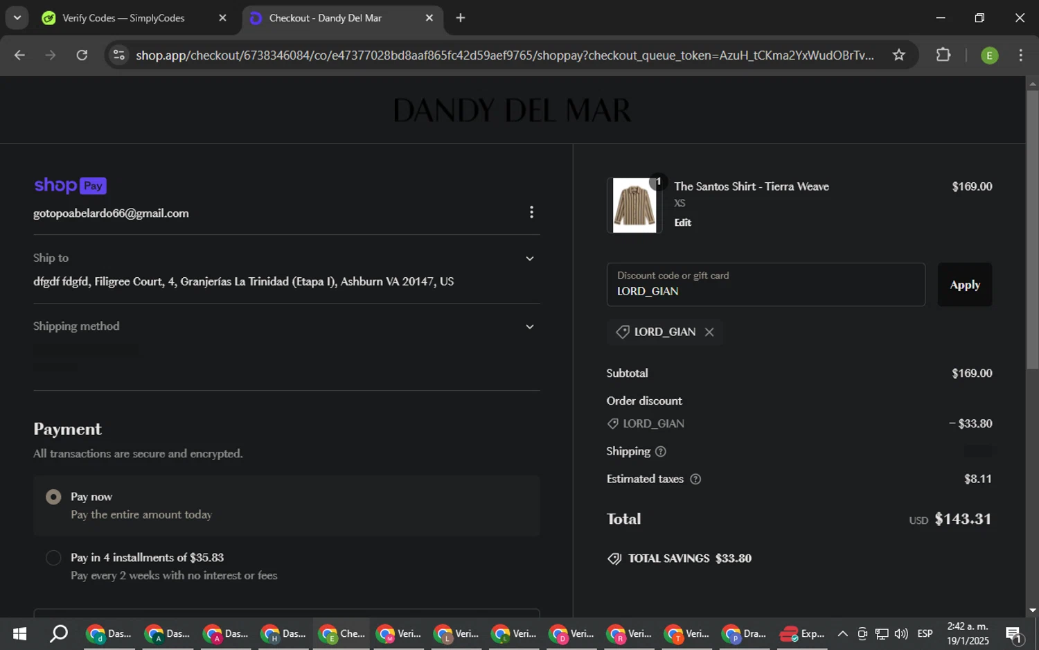 Dandy Del Mar discount code screenshot showing code LORD_GIAN applied at Dandy Del Mar checkout page. Uploaded by SimplyCodes community member SUZUKIV on Jan 19, 2025