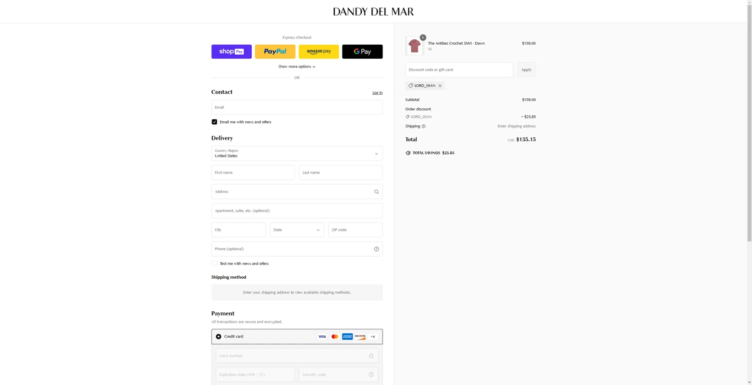 Dandy Del Mar discount code screenshot showing code LORD_GIAN applied at Dandy Del Mar checkout page. Uploaded by SimplyCodes community member Tenmyoldy on Feb 23, 2025