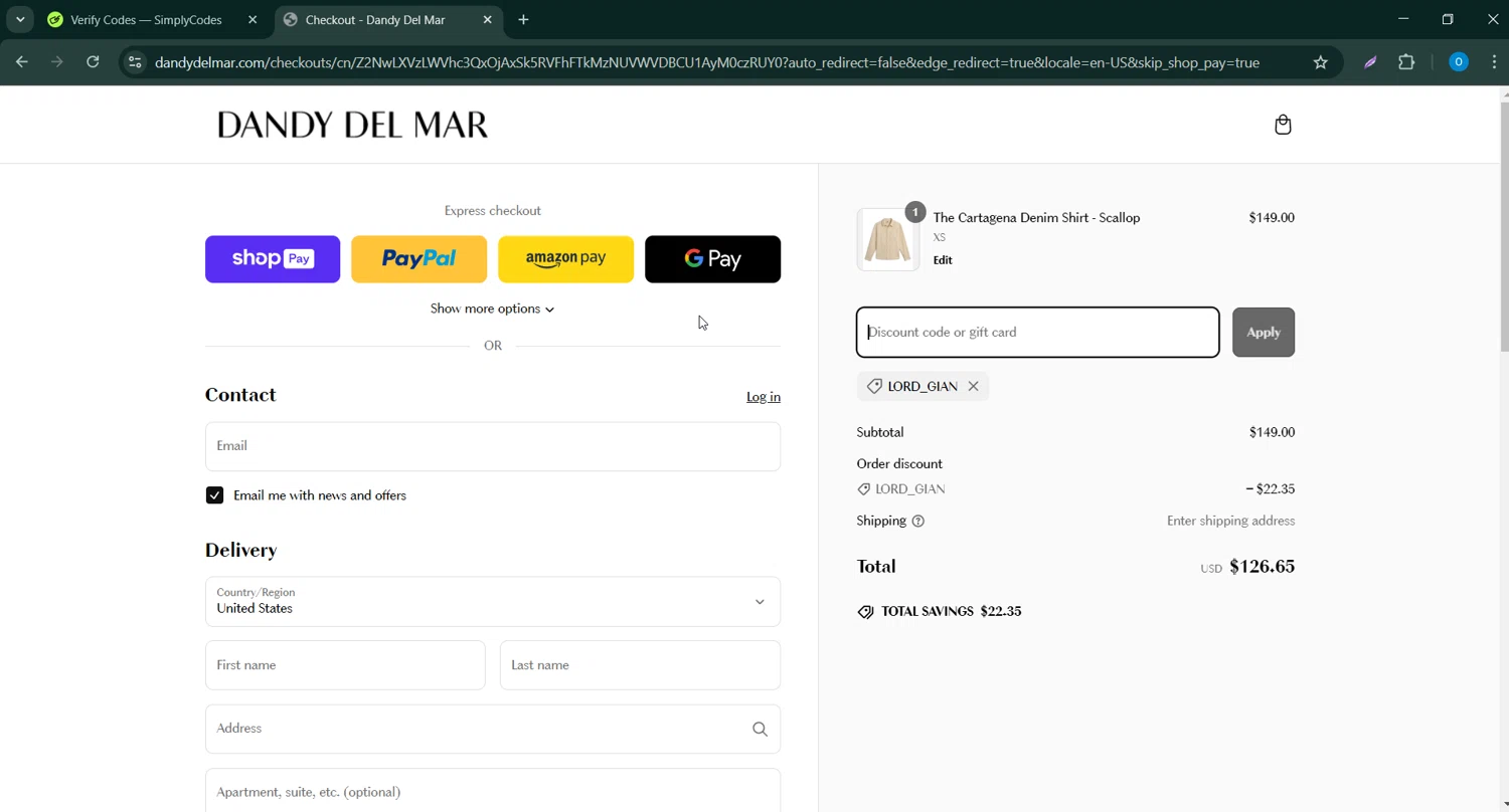 Dandy Del Mar discount code screenshot showing code LORD_GIAN applied at Dandy Del Mar checkout page. Uploaded by SimplyCodes community member GoldAdmiral5202 on Mar 7, 2025