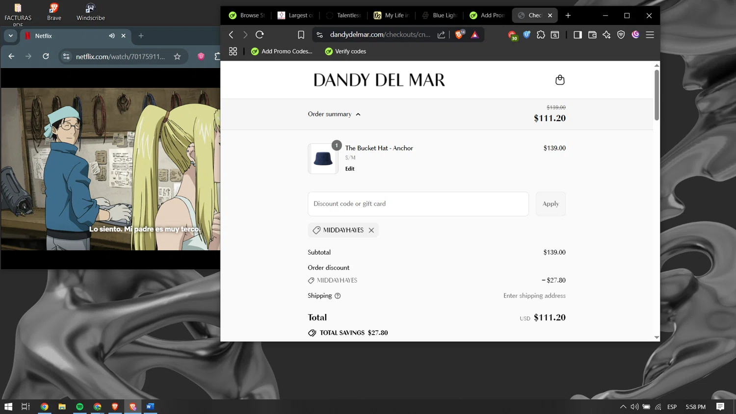 Dandy Del Mar discount code screenshot showing code MIDDAYHAYES applied at Dandy Del Mar checkout page. Uploaded by SimplyCodes community member yokoono10 on Jul 25, 2025