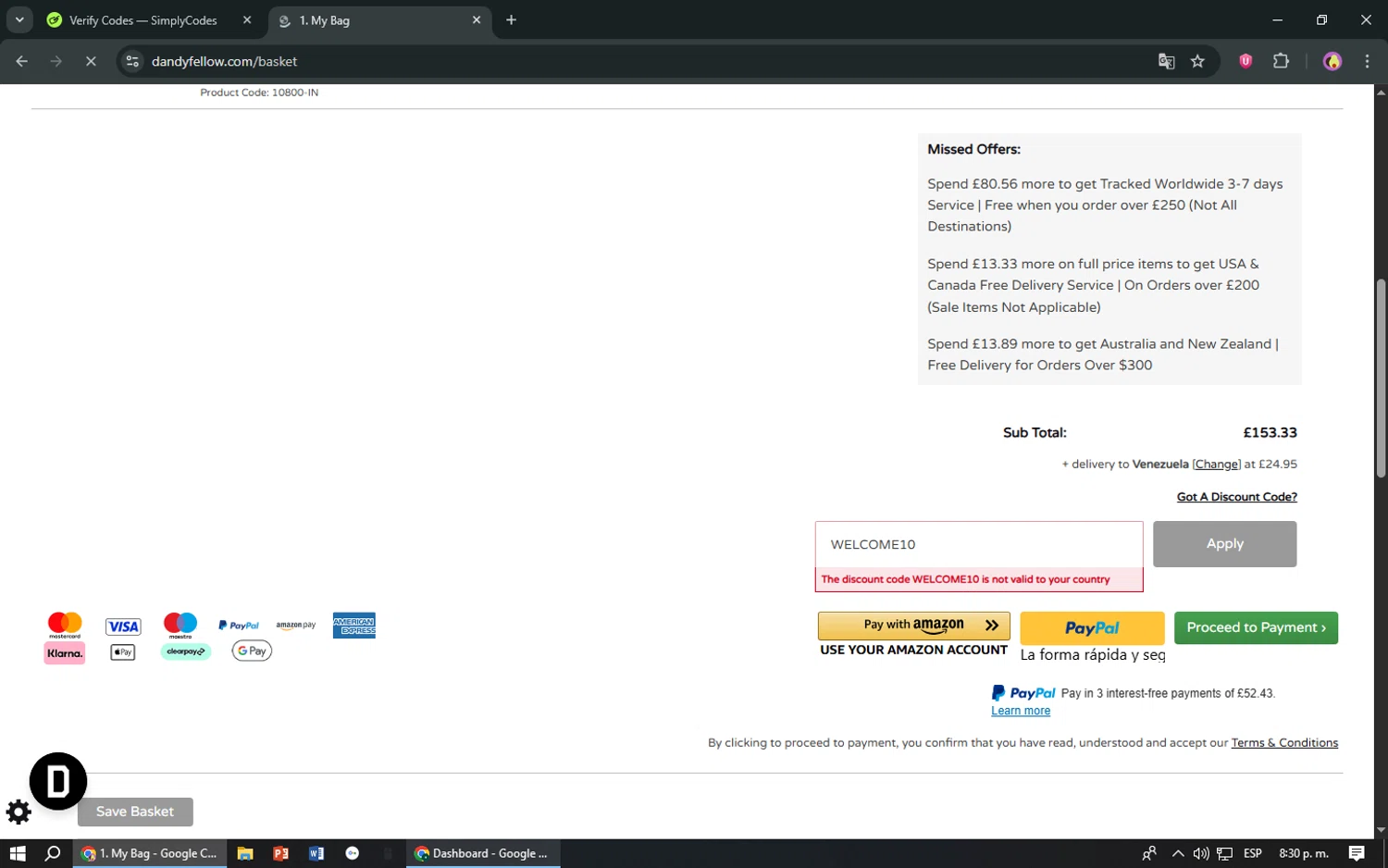 Dandy Fellow discount code screenshot showing code WELCOME10 applied at Dandy Fellow checkout page. Uploaded by SimplyCodes community member TreasureShopper9156 on Jul 16, 2025