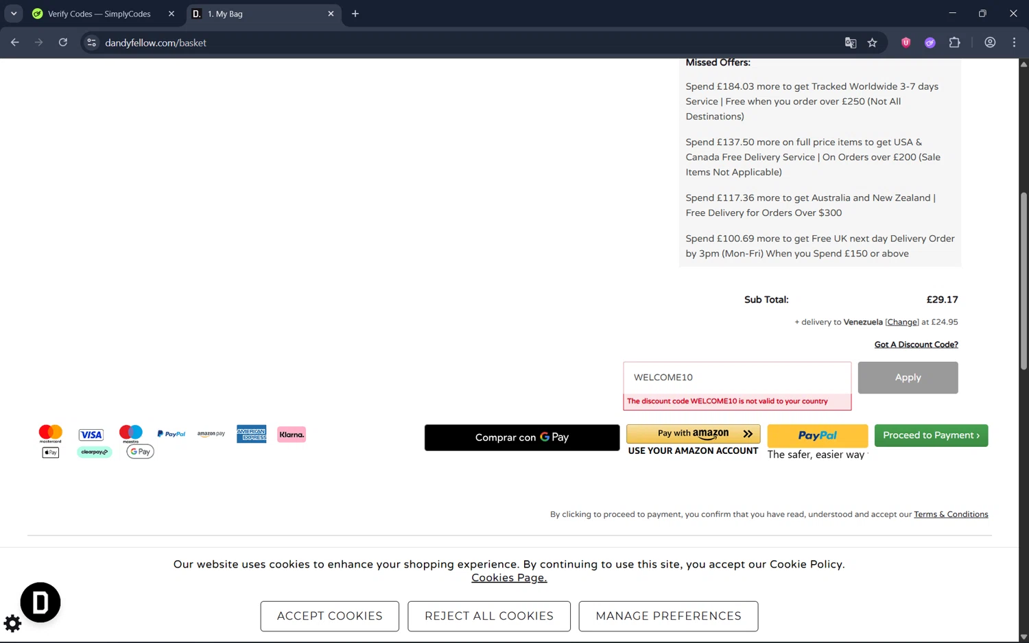 Dandy Fellow discount code screenshot showing code WELCOME10 applied at Dandy Fellow checkout page. Uploaded by SimplyCodes community member juan1702 on Aug 28, 2025