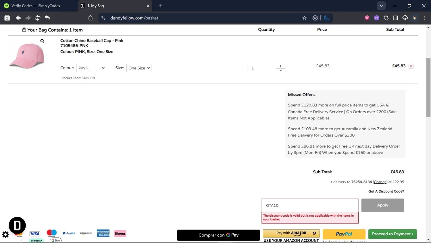 Dandy Fellow discount code screenshot showing code GTA10 applied at Dandy Fellow checkout page. Uploaded by SimplyCodes community member BrilliantTitan6909 on Jul 2, 2025