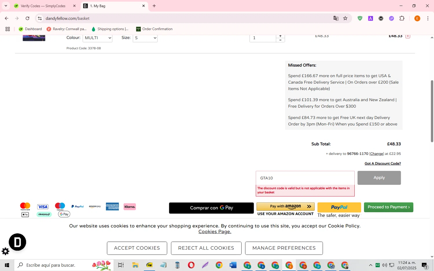 Dandy Fellow discount code screenshot showing code GTA10 applied at Dandy Fellow checkout page. Uploaded by SimplyCodes community member RewardFalcon3197 on Jul 2, 2025
