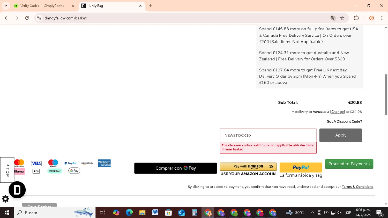 Dandy Fellow discount code screenshot showing code NEWSTOCK10 applied at Dandy Fellow checkout page. Uploaded by SimplyCodes community member RebateCollector5909 on Jul 14, 2025