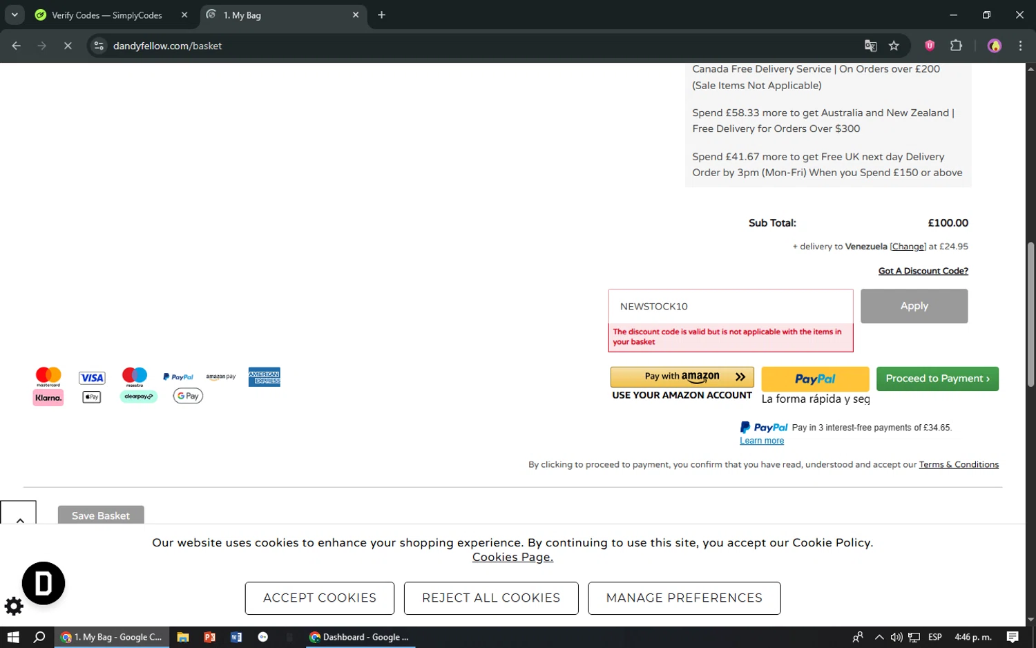 Dandy Fellow discount code screenshot showing code NEWSTOCK10 applied at Dandy Fellow checkout page. Uploaded by SimplyCodes community member TreasureShopper9156 on Jul 14, 2025