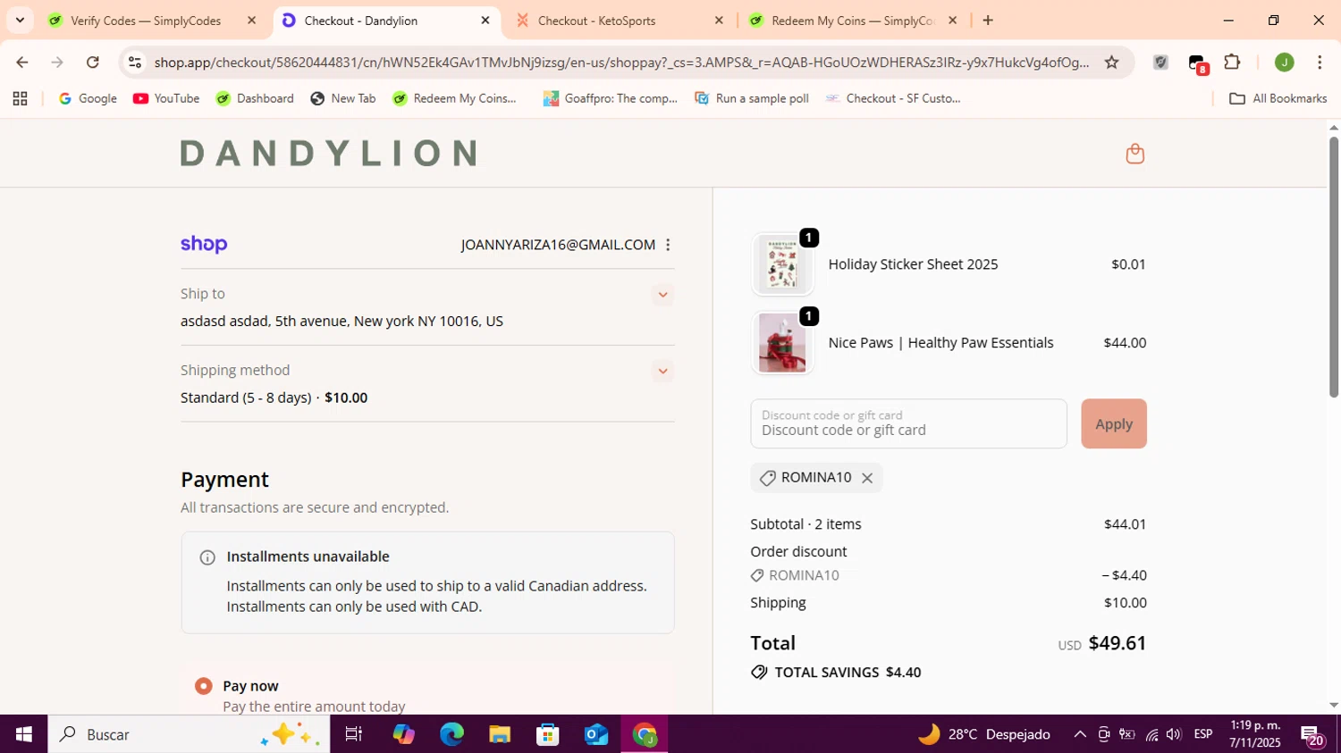 Dandylion promo code screenshot showing code Romina10 applied at Dandylion checkout page. Uploaded by SimplyCodes community member Sukuna_ on Nov 8, 2025