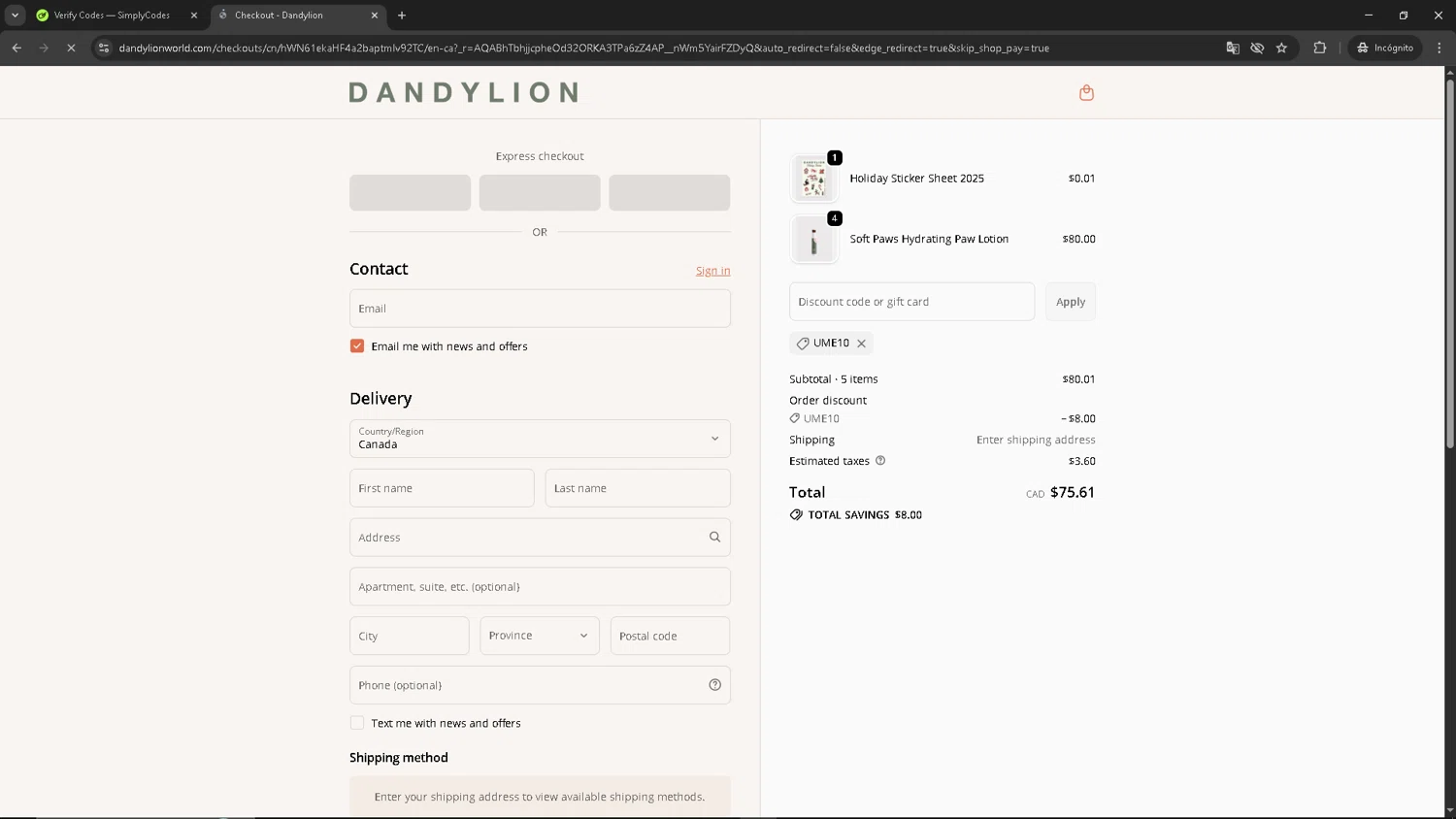 Dandylion promo code screenshot showing code UME10 applied at Dandylion checkout page. Uploaded by SimplyCodes community member Kaizen on Dec 4, 2025