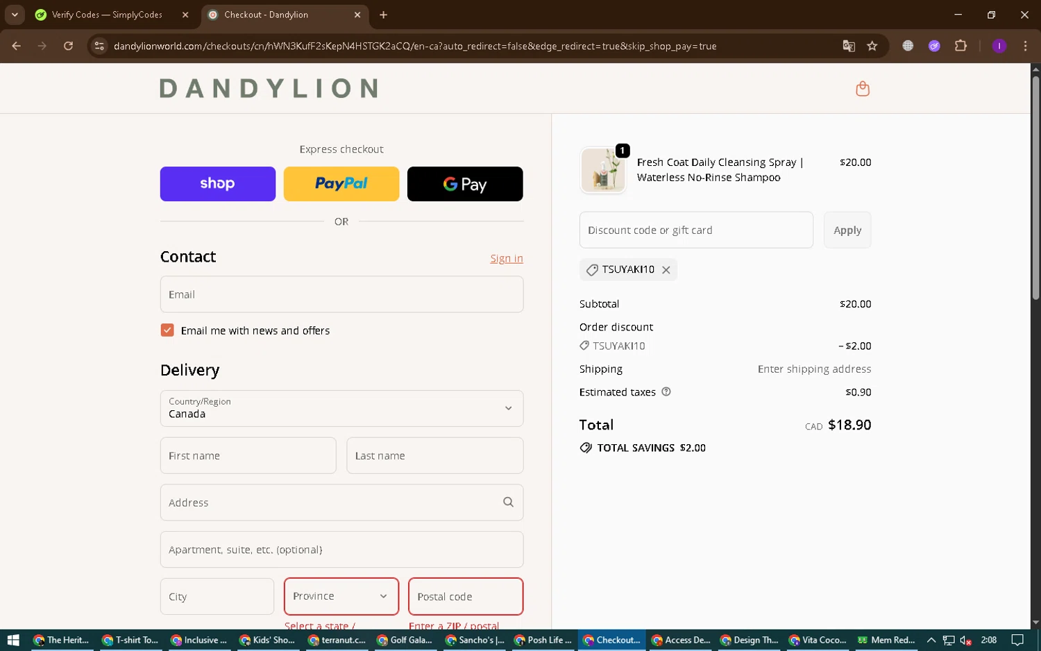 Dandylion promo code screenshot showing code TSUYAKI10 applied at Dandylion checkout page. Uploaded by SimplyCodes community member ChinoYugi on Sep 24, 2025