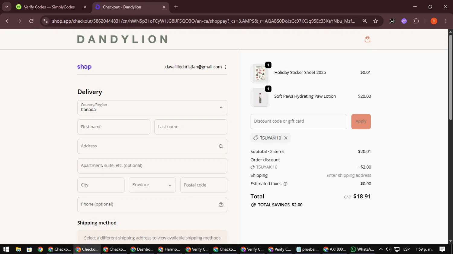 Dandylion promo code screenshot showing code TSUYAKI10 applied at Dandylion checkout page. Uploaded by SimplyCodes community member NatanaelCano on Nov 28, 2025