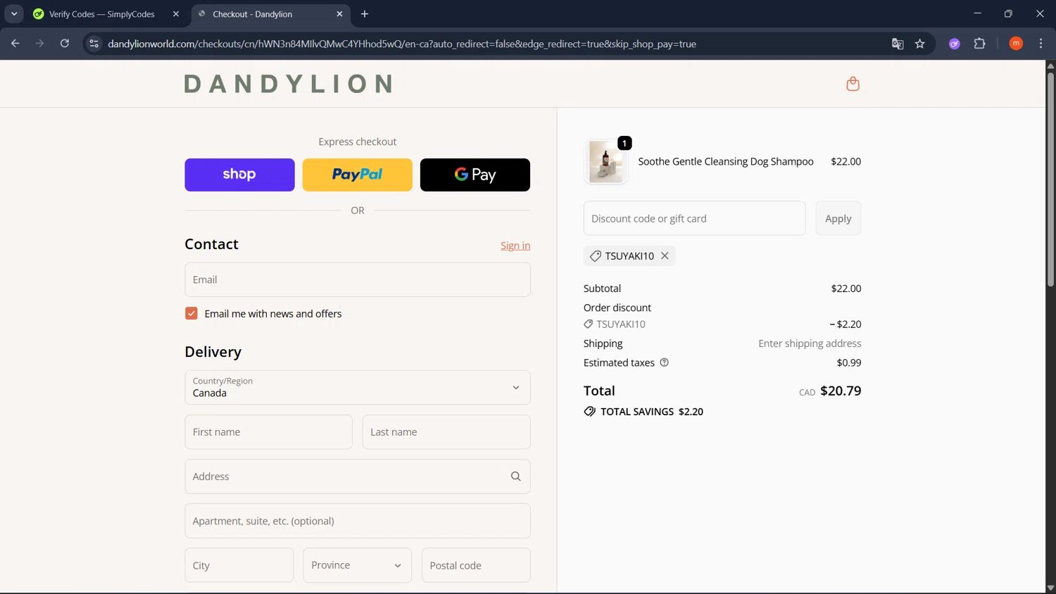 Dandylion promo code screenshot showing code TSUYAKI10 applied at Dandylion checkout page. Uploaded by SimplyCodes community member PromoMonarch895 on Oct 6, 2025
