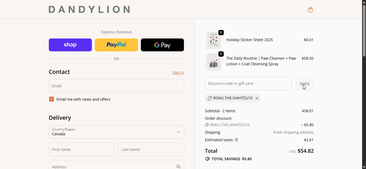 Dandylion promo code screenshot showing code ROKU.THE.SHIHTZU10 applied at Dandylion checkout page. Uploaded by SimplyCodes community member LuckyPioneer1027 on Dec 4, 2025