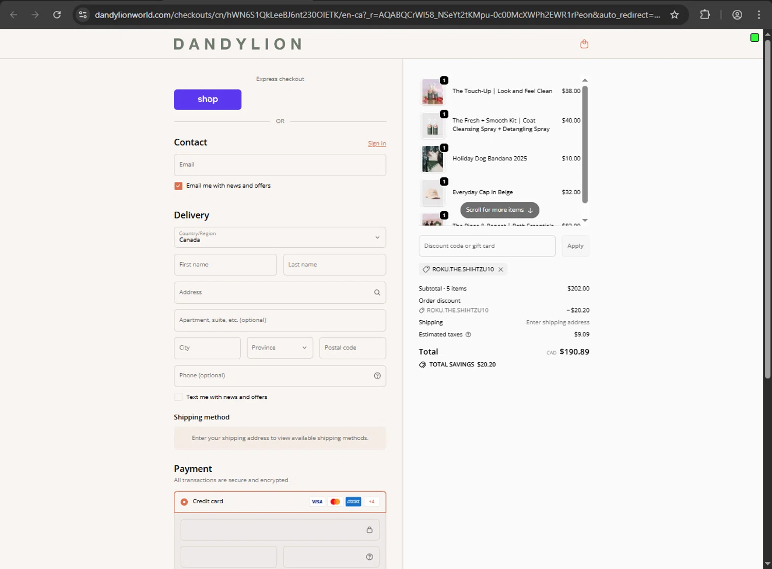 Dandylion promo code screenshot showing code ROKU.THE.SHIHTZU10 applied at Dandylion checkout page. Uploaded by SimplyCodes community member Scrooge on Dec 15, 2025