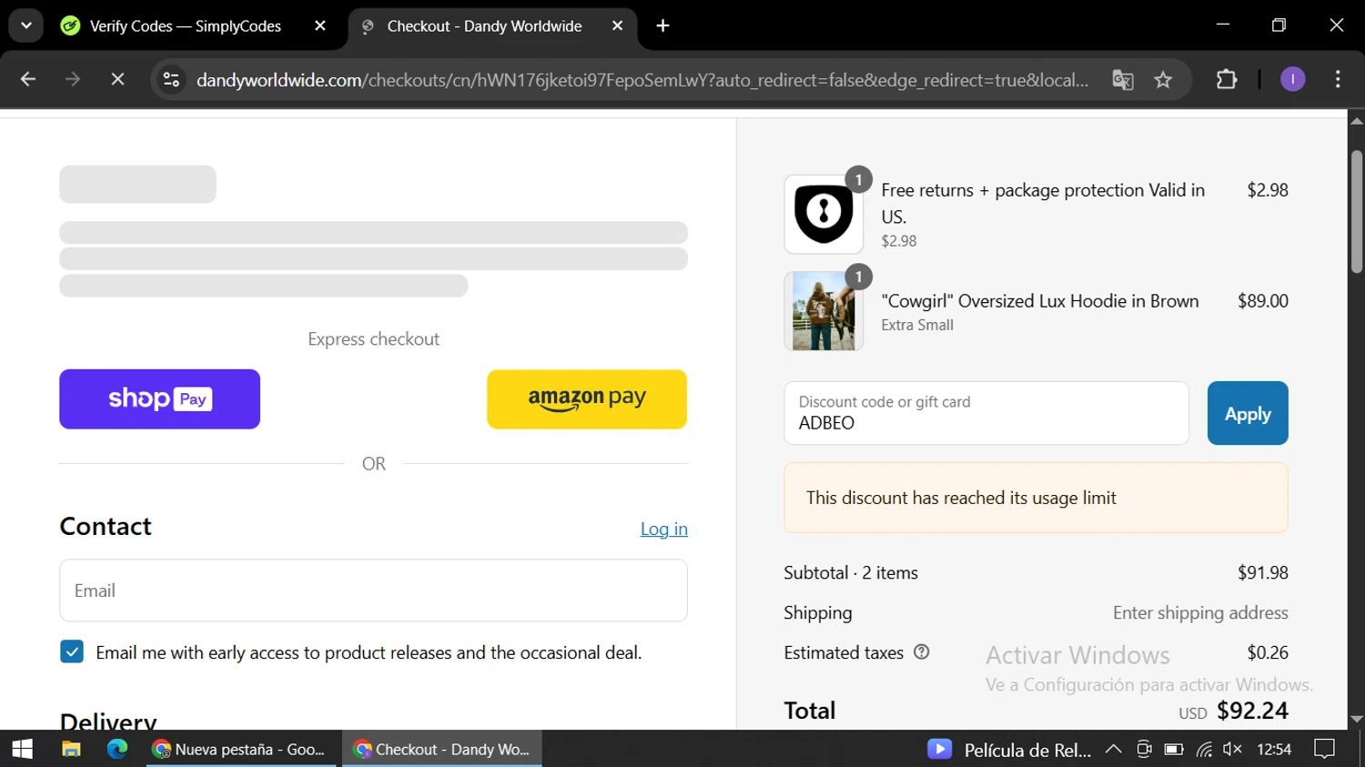 Dandy Worldwide discount code screenshot showing code ADBEO applied at Dandy Worldwide checkout page. Uploaded by SimplyCodes community member AGP44456545 on Jul 27, 2025