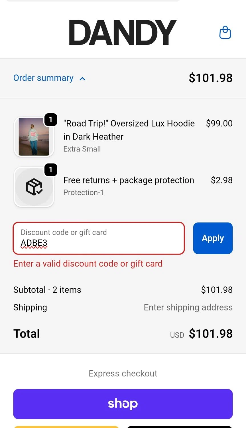 Dandy Worldwide discount code screenshot showing code ADBE3 applied at Dandy Worldwide checkout page. Uploaded by SimplyCodes community member JuanMonge on Dec 11, 2025