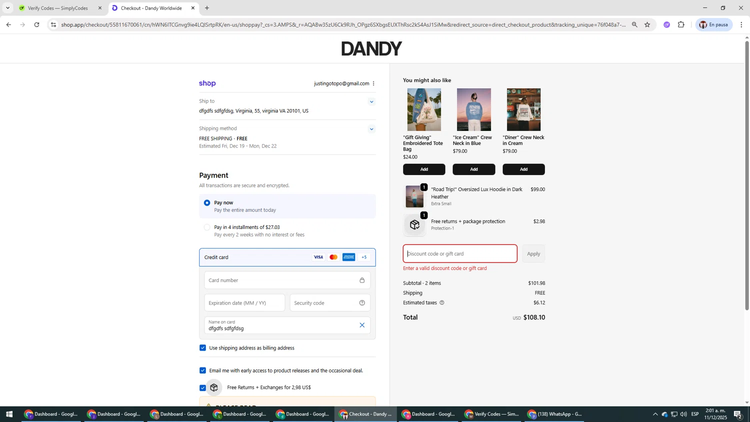 Dandy Worldwide discount code screenshot showing code ADBE3 applied at Dandy Worldwide checkout page. Uploaded by SimplyCodes community member Salometta on Dec 11, 2025