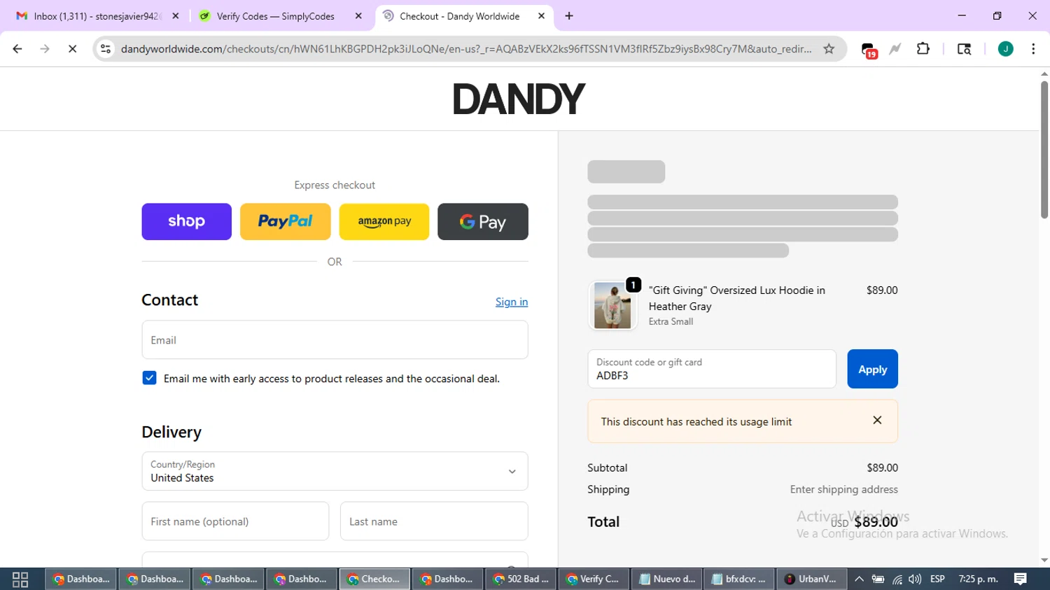 Dandy Worldwide discount code screenshot showing code ADBF3 applied at Dandy Worldwide checkout page. Uploaded by SimplyCodes community member SavvyCurator1770 on Dec 3, 2025