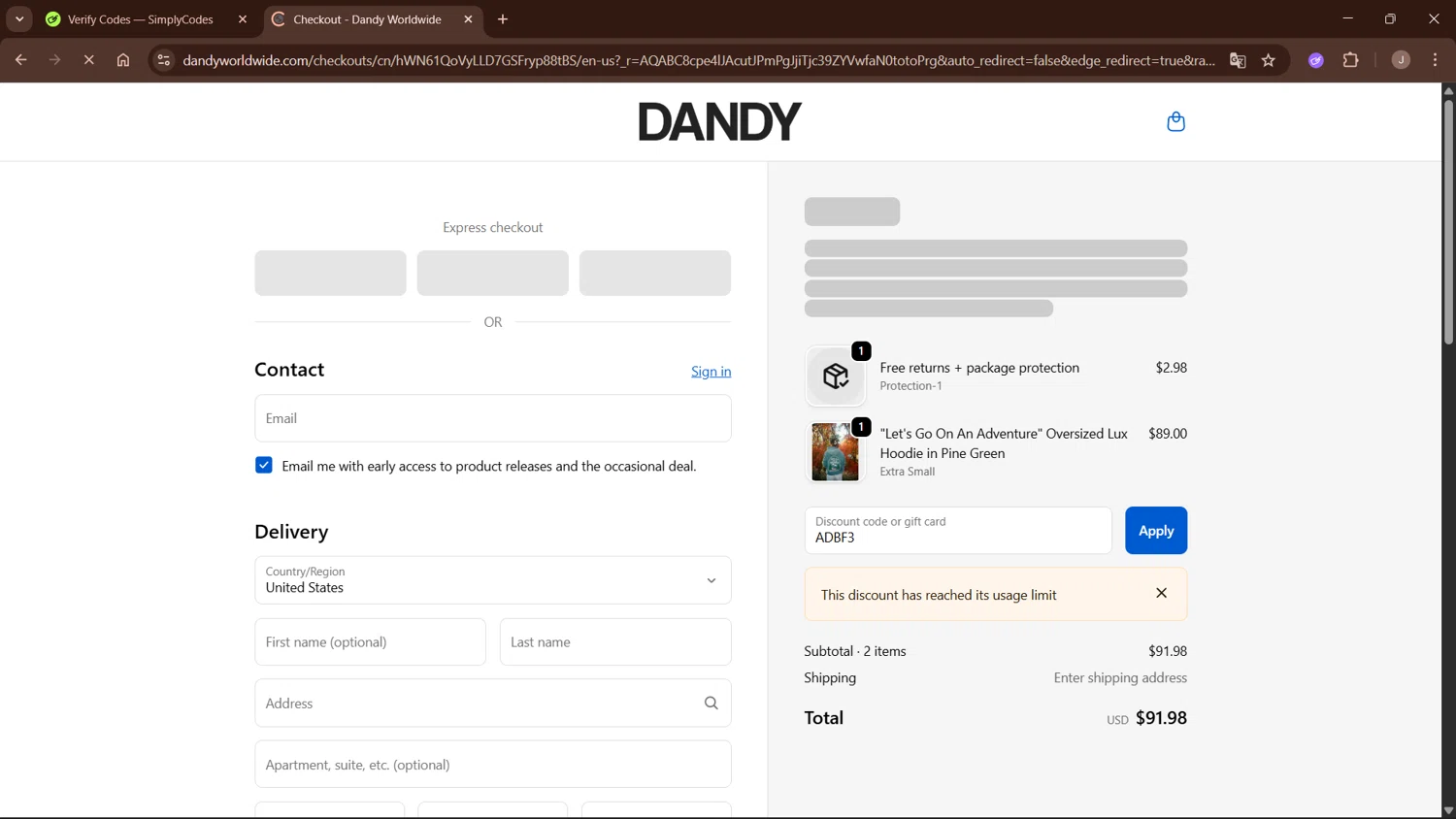 Dandy Worldwide discount code screenshot showing code ADBF3 applied at Dandy Worldwide checkout page. Uploaded by SimplyCodes community member WisePro3955 on Dec 4, 2025