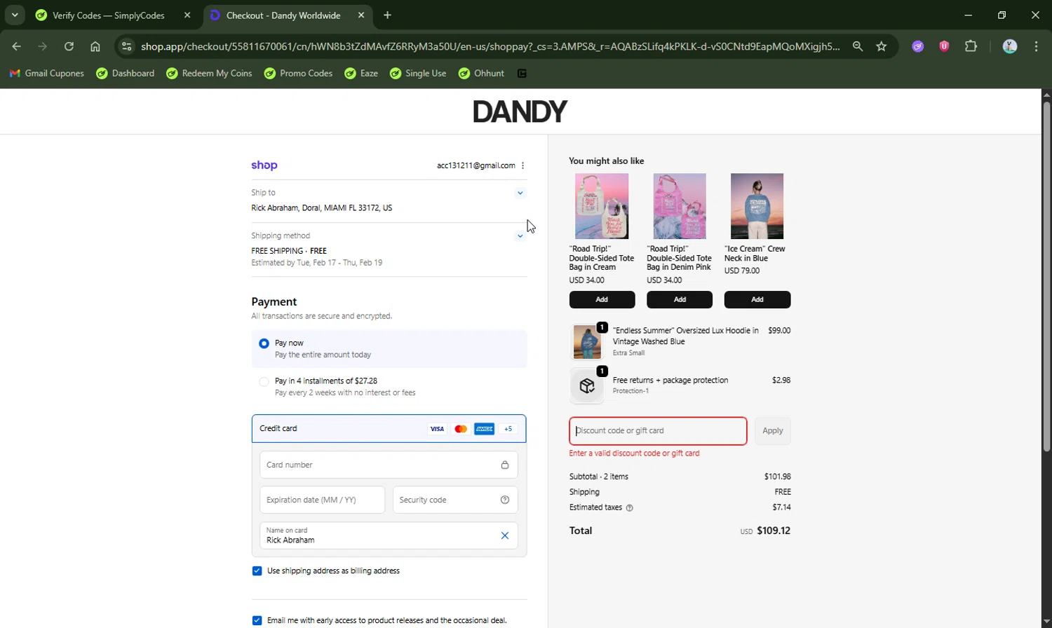 Dandy Worldwide discount code screenshot showing code ADBFK applied at Dandy Worldwide checkout page. Uploaded by SimplyCodes community member LHaunter2 on Feb 9, 2026