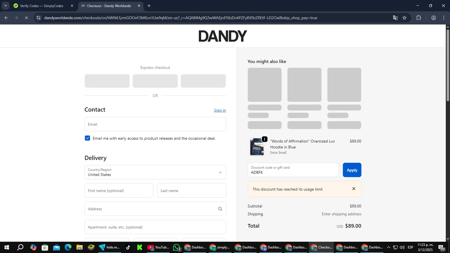 Dandy Worldwide discount code screenshot showing code ADBFK applied at Dandy Worldwide checkout page. Uploaded by SimplyCodes community member MoneyPilot9165 on Dec 4, 2025
